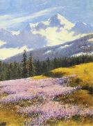 Stanislaw Witkiewicz Crocuses with snowy mountains in the background Spain oil painting artist
